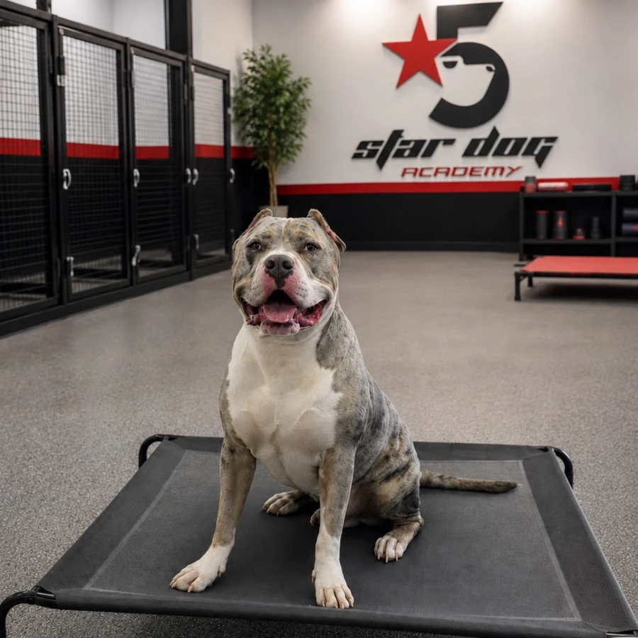 Happy American Bully sitting on a raised training cot in a dog training setting