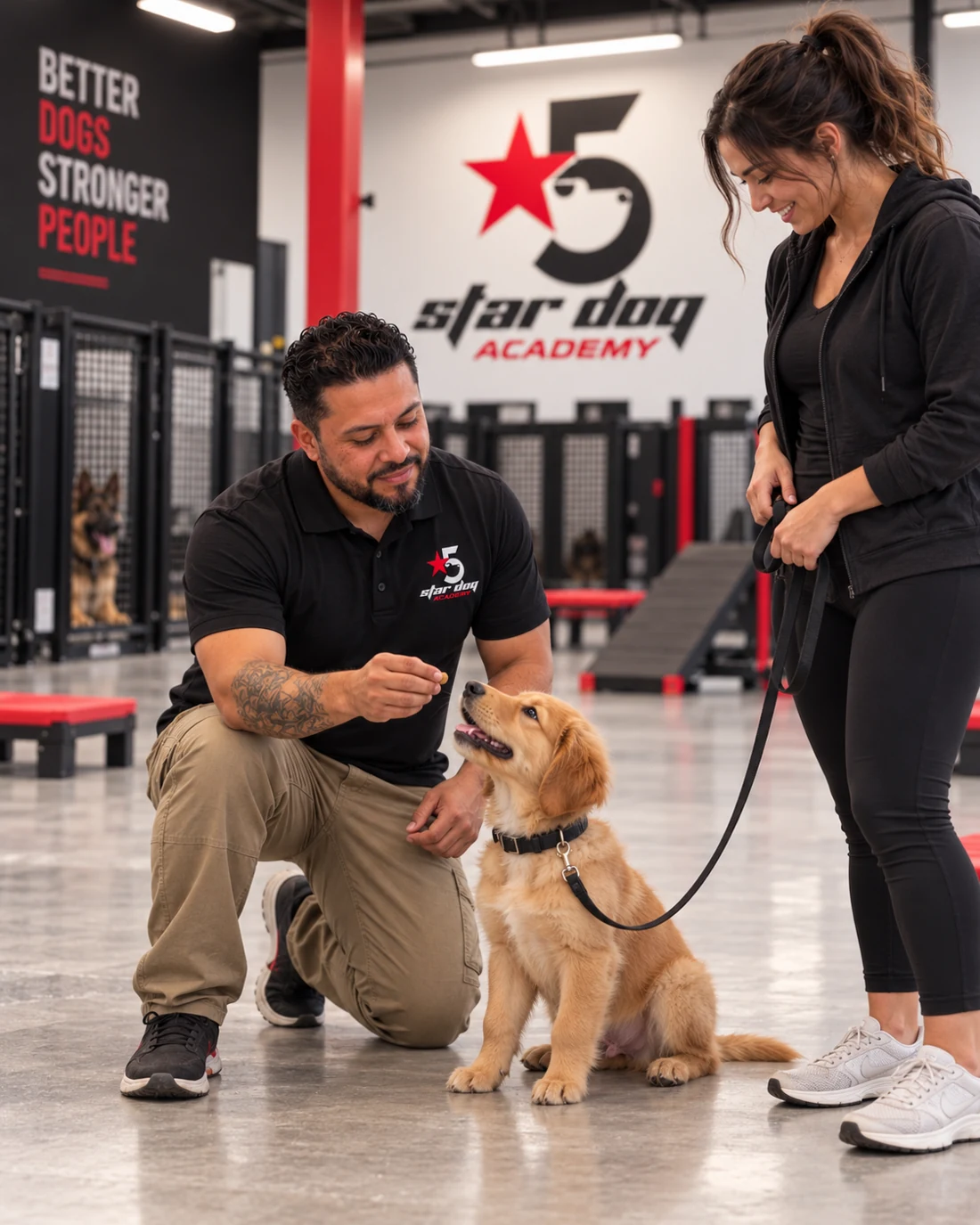 Illustration of puppy training with a coach and dog owner